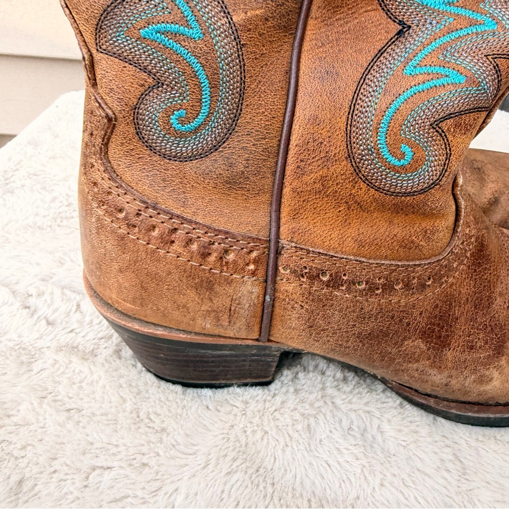 Justin Sevana Tan Western Cowboy Turquoise Brown Leather Boots Size 8.5 - Picture 3 of 11